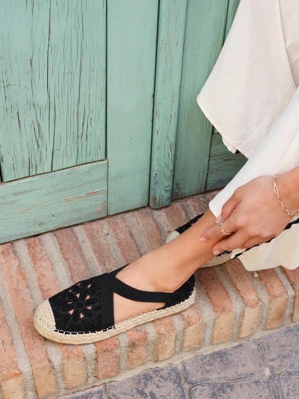 linzi Black Faux Suede Flower Cut Out Espadrille Sandal