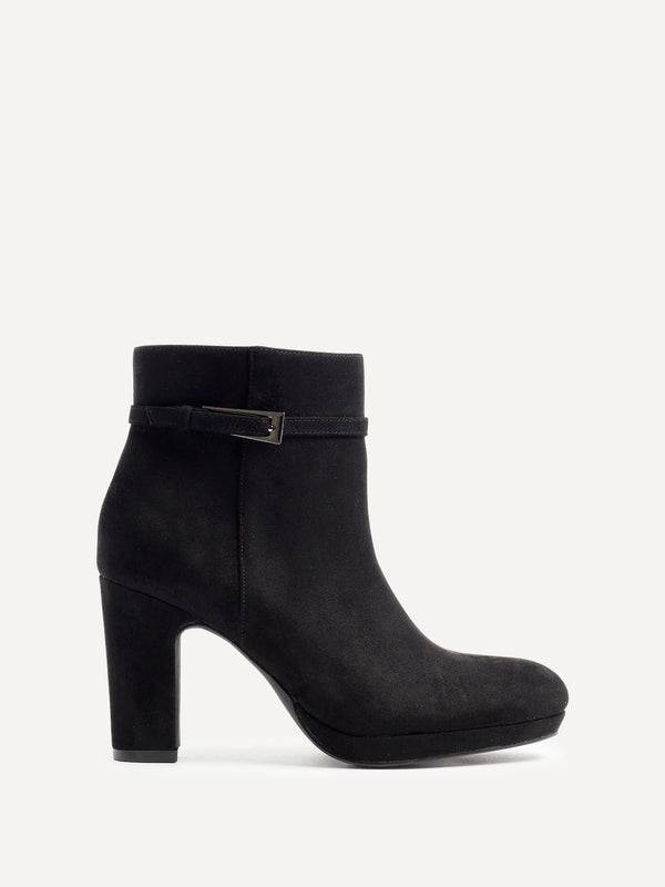 Linzi Black Faux Suede Heeled Ankle Boot With Buckle Accent