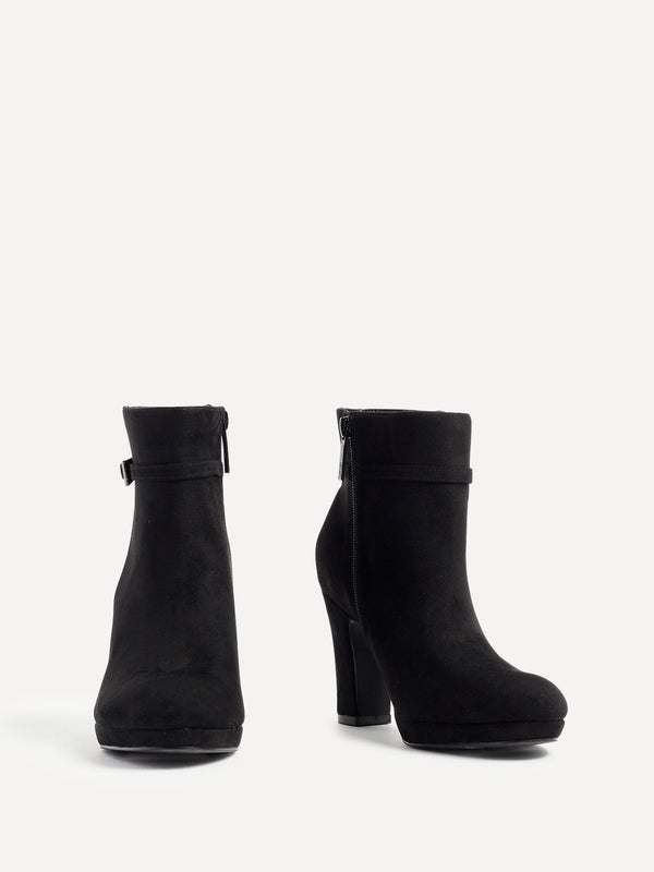 Linzi Black Faux Suede Heeled Ankle Boot With Buckle Accent