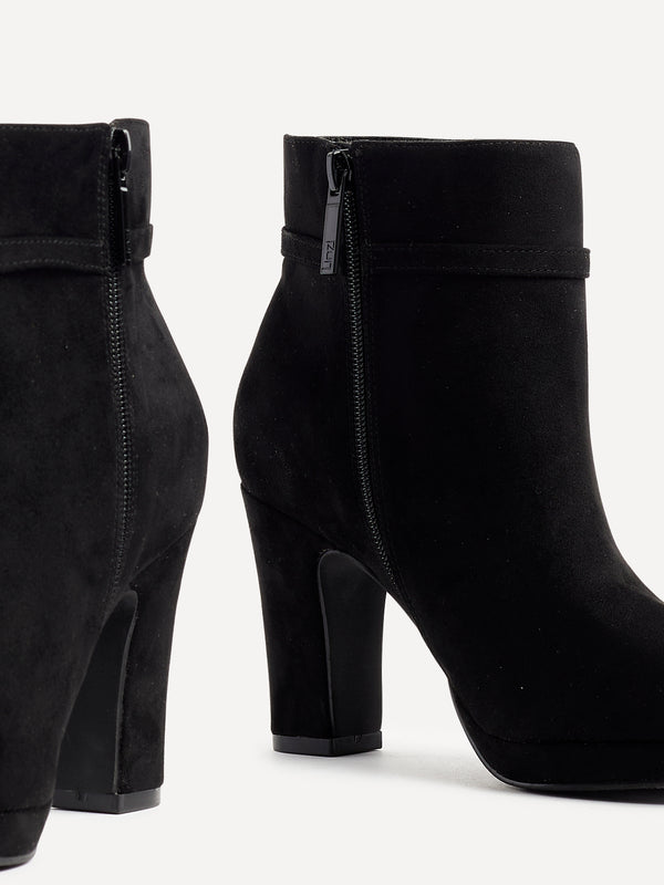 Linzi Black Faux Suede Heeled Ankle Boot With Buckle Accent