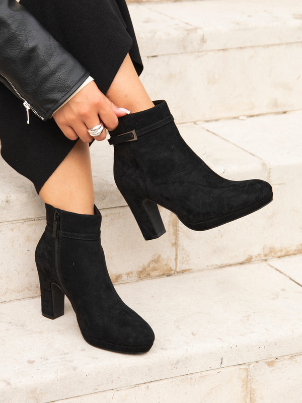linzi Black Faux Suede Heeled Ankle Boot With Buckle Accent