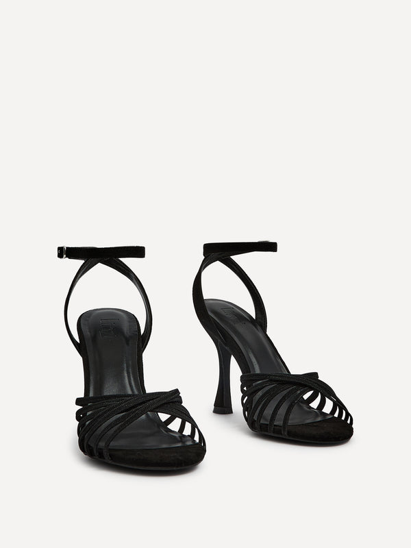 Linzi Black Faux Suede Heeled Sandal With Flared Stiletto