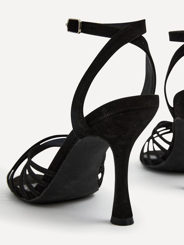 Linzi Black Faux Suede Heeled Sandal With Flared Stiletto