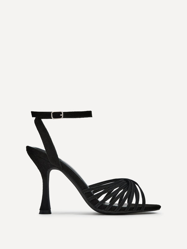 linzi Black Faux Suede Heeled Sandal With Flared Stiletto