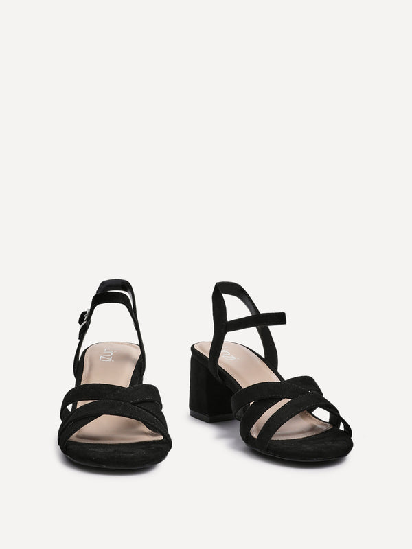Linzi Black Faux Suede Heeled Sandals With Crossover Straps