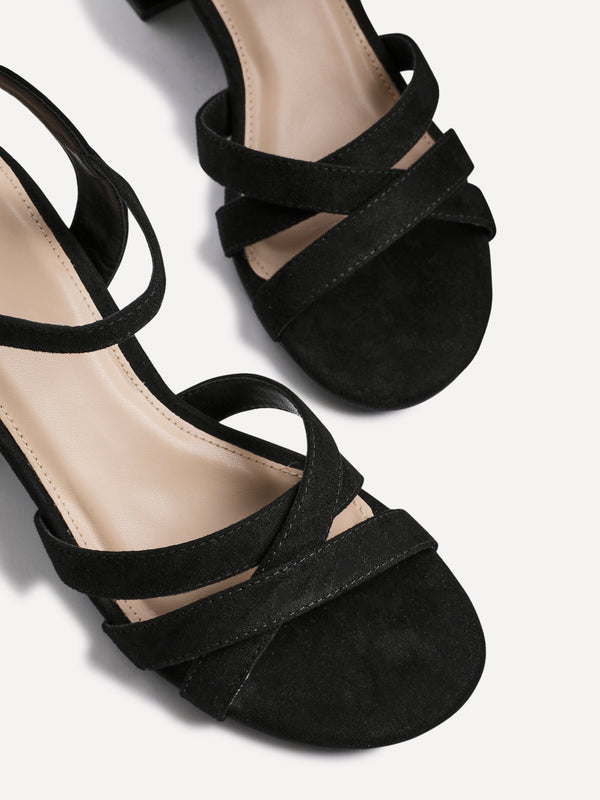 Linzi Black Faux Suede Heeled Sandals With Crossover Straps