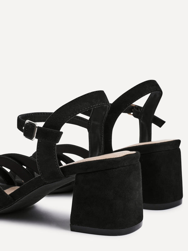 Linzi Black Faux Suede Heeled Sandals With Crossover Straps