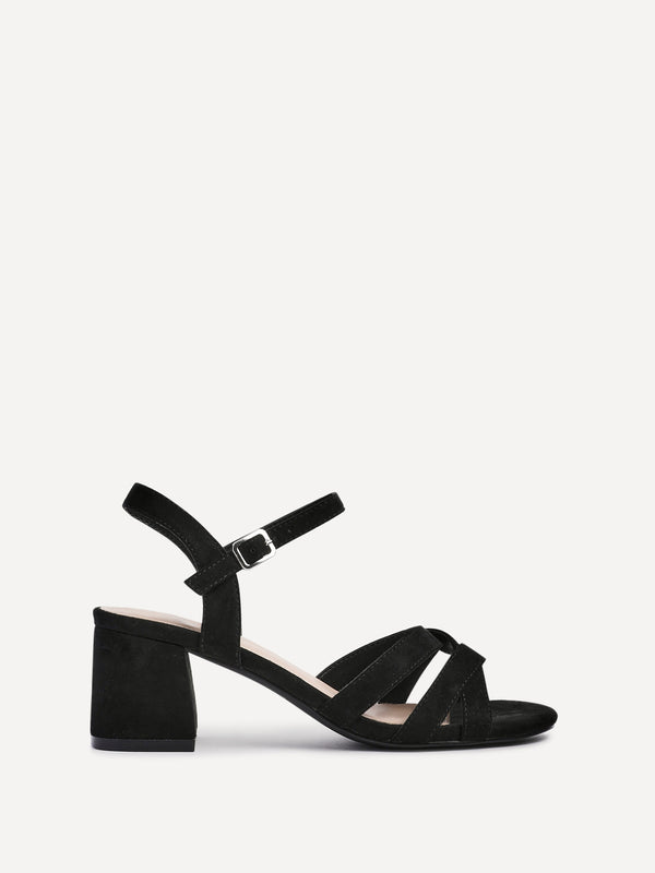 linzi Black Faux Suede Heeled Sandals With Crossover Straps