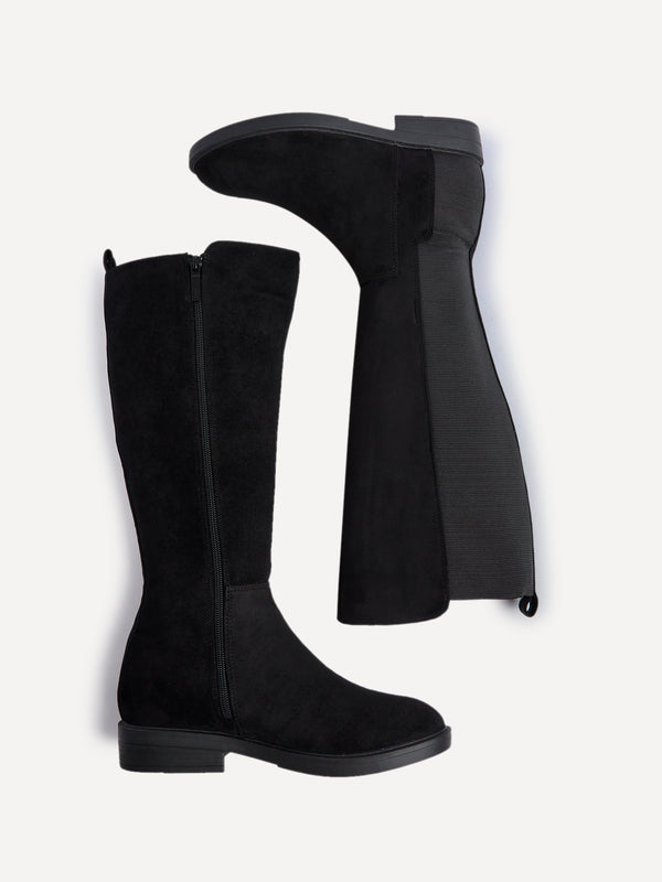 Linzi Black Faux Suede High Leg Boot With Stretch Side Panel