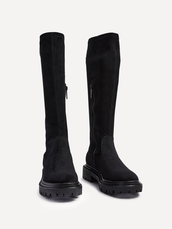 Linzi Black Faux Suede High Leg Stretch Boot With Chunky Sole