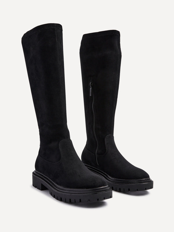 Linzi Black Faux Suede High Leg Stretch Boot With Chunky Sole