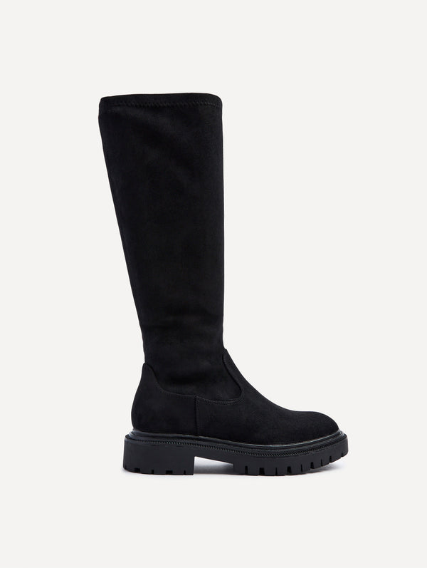 Linzi Black Faux Suede High Leg Stretch Boot With Chunky Sole