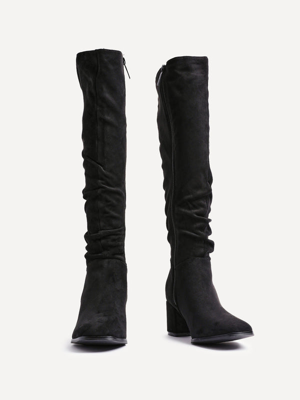 Linzi Black Faux Suede Knee High Block Heeled Ruched Boot With Square Toe