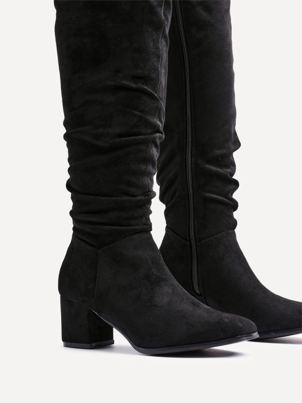 Linzi Black Faux Suede Knee High Block Heeled Ruched Boot With Square Toe