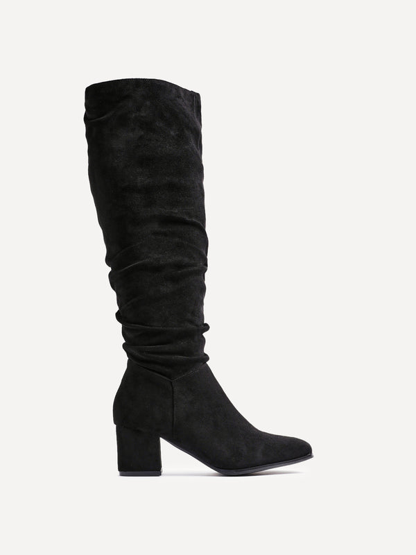 Linzi Black Faux Suede Knee High Block Heeled Ruched Boot With Square Toe