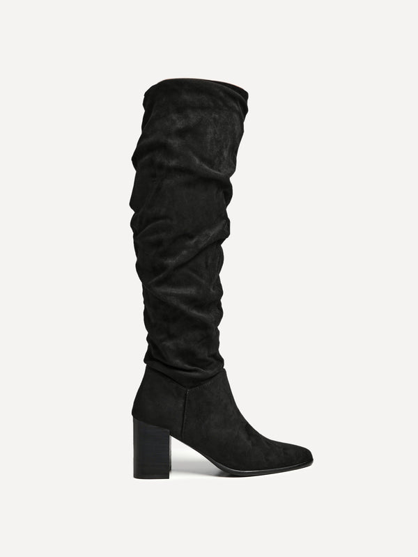 Linzi Black Faux Suede Knee High Boots With Leather Stacked Heel