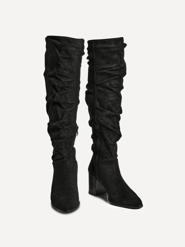 Linzi Black Faux Suede Knee High Boots With Leather Stacked Heel