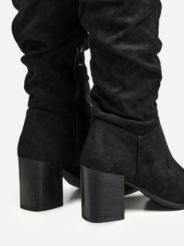 Linzi Black Faux Suede Knee High Boots With Leather Stacked Heel
