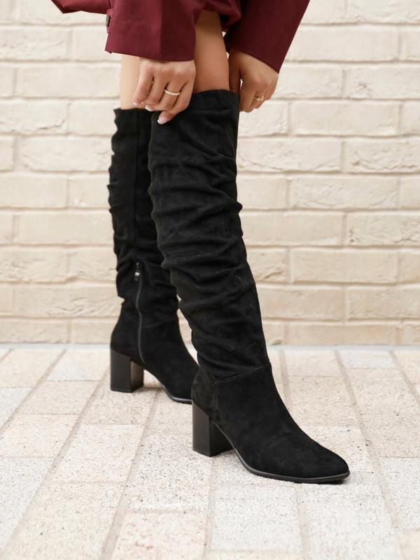 linzi Black Faux Suede Knee High Boots With Leather Stacked Heel
