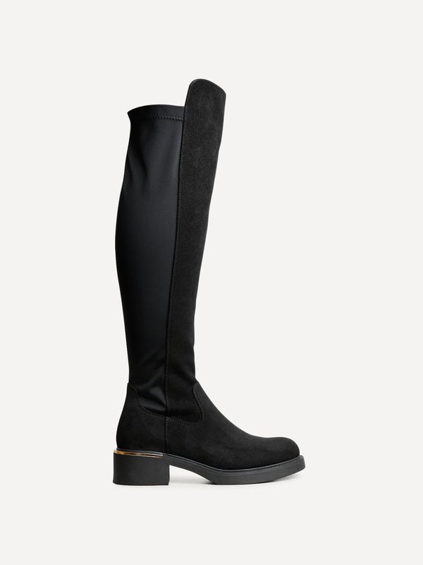 Linzi Black Faux Suede Knee High Classic Riding Boot With Gold Trim