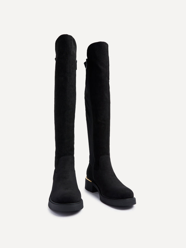Linzi Black Faux Suede Knee High Classic Riding Boot With Gold Trim