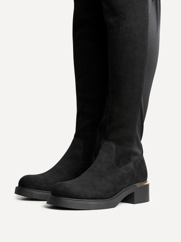 Linzi Black Faux Suede Knee High Classic Riding Boot With Gold Trim