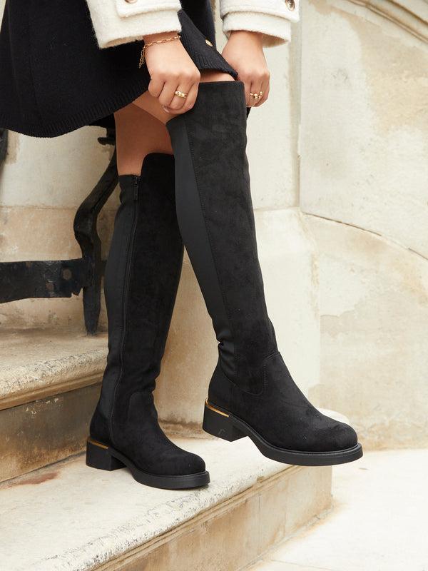 linzi Black Faux Suede Knee High Classic Riding Boot With Gold Trim