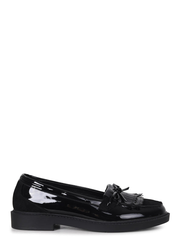 Linzi Black Faux Suede & Leather Classic Loafer With Tassel Detail
