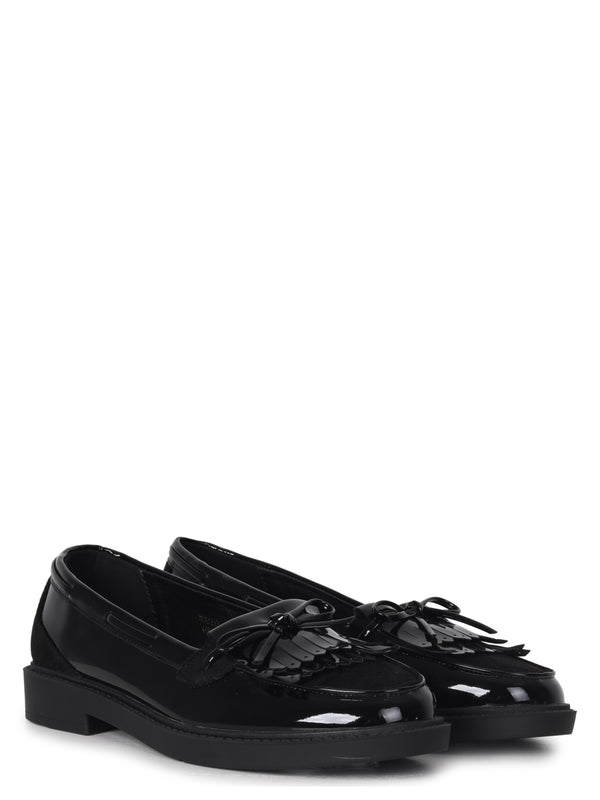 Linzi Black Faux Suede & Leather Classic Loafer With Tassel Detail