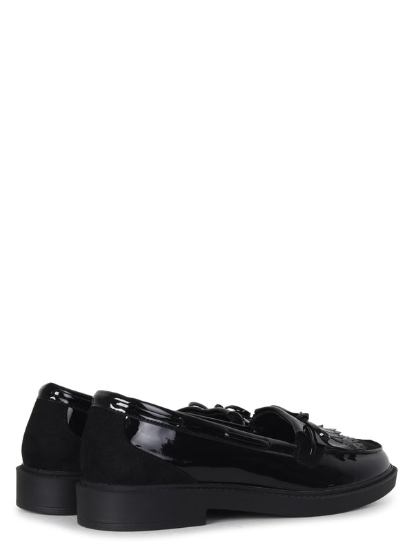 Linzi Black Faux Suede & Leather Classic Loafer With Tassel Detail