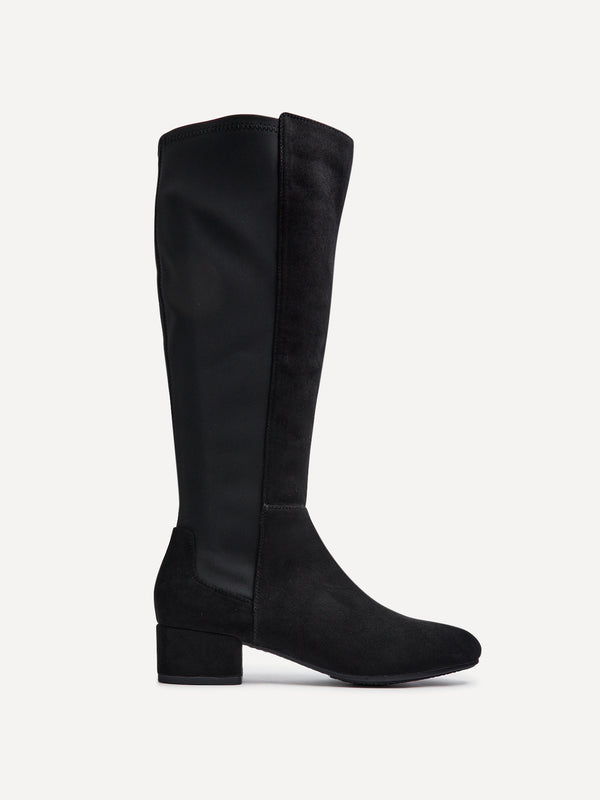 Linzi Black Faux Suede Long Low Heeled Boot With Stretch Back Panel