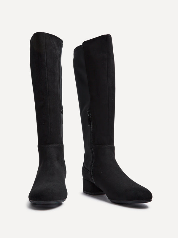Linzi Black Faux Suede Long Low Heeled Boot With Stretch Back Panel