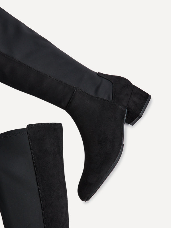 Linzi Black Faux Suede Long Low Heeled Boot With Stretch Back Panel