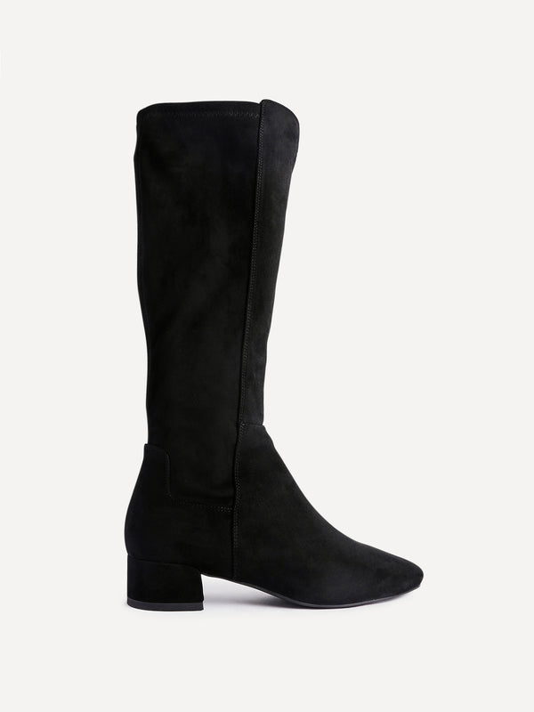 Linzi Black Faux Suede Low Block Heel High Leg Boot
