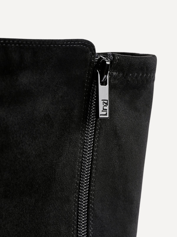 Linzi Black Faux Suede Low Block Heel High Leg Boot