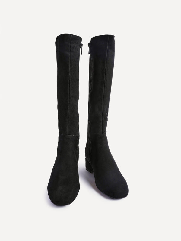 Linzi Black Faux Suede Low Block Heel High Leg Boot
