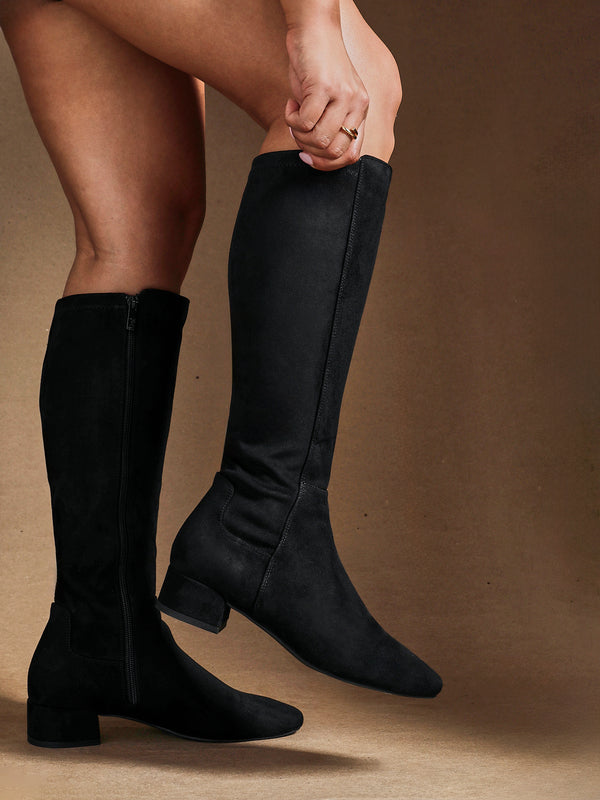 linzi Black Faux Suede Low Block Heel High Leg Boot