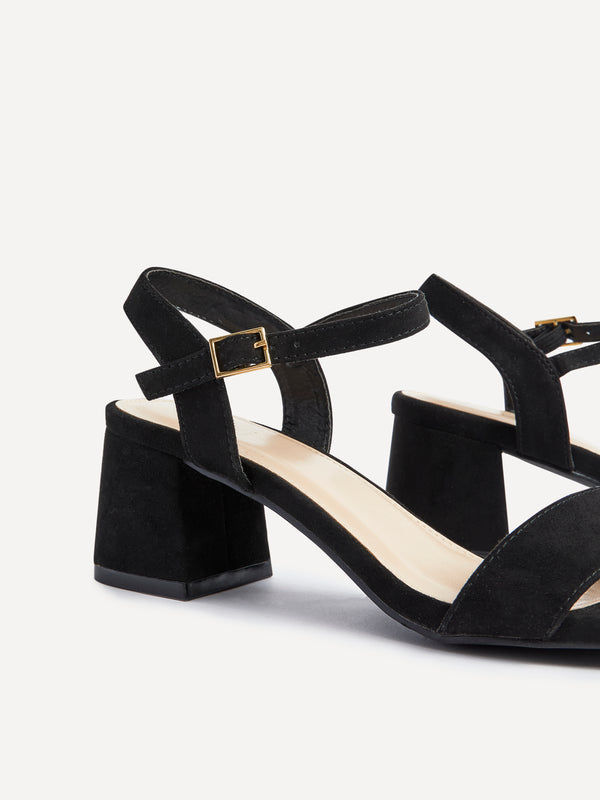 Linzi Black Faux Suede Low Chunky Block Heeled Sandal