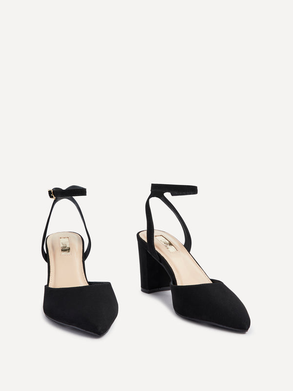 Linzi Black Faux Suede Mid Height Court Shoe With Sandal Back