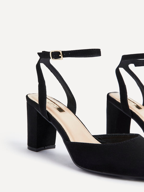 Linzi Black Faux Suede Mid Height Court Shoe With Sandal Back