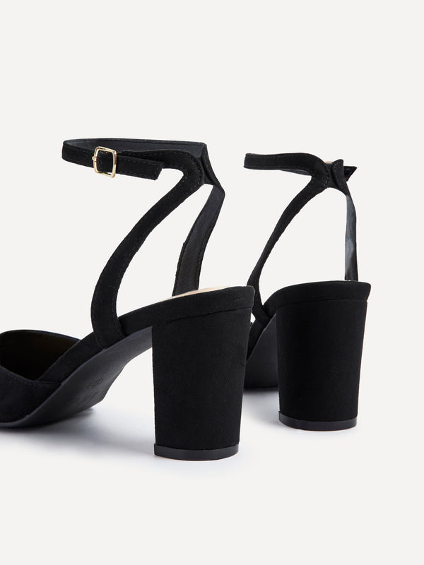 Linzi Black Faux Suede Mid Height Court Shoe With Sandal Back