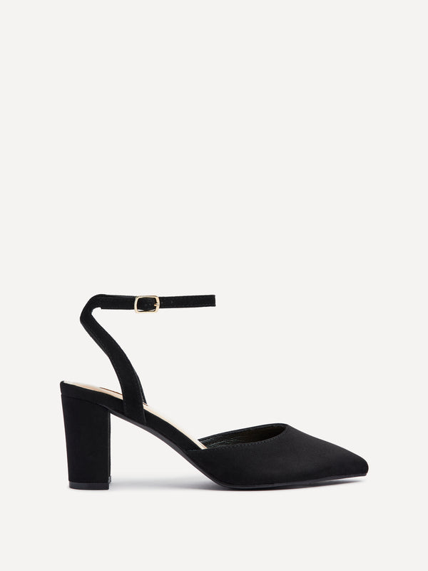 linzi Black Faux Suede Mid Height Court Shoe With Sandal Back