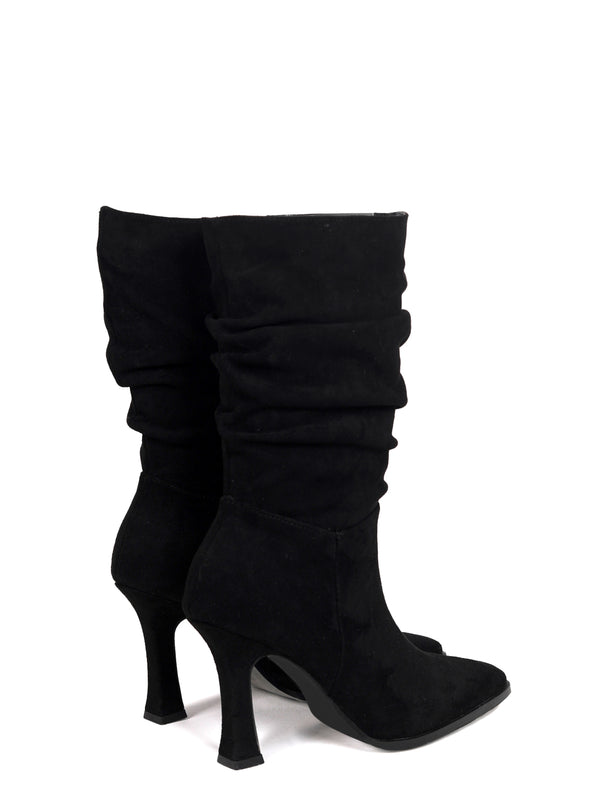 Linzi Black Faux Suede Mid Length Ruched Heeled Boot With Square Toe