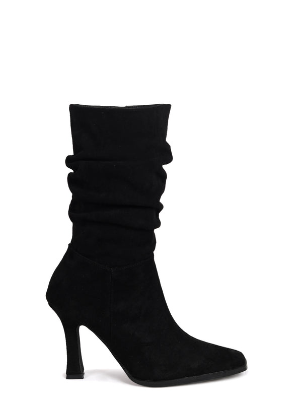 Linzi Black Faux Suede Mid Length Ruched Heeled Boot With Square Toe