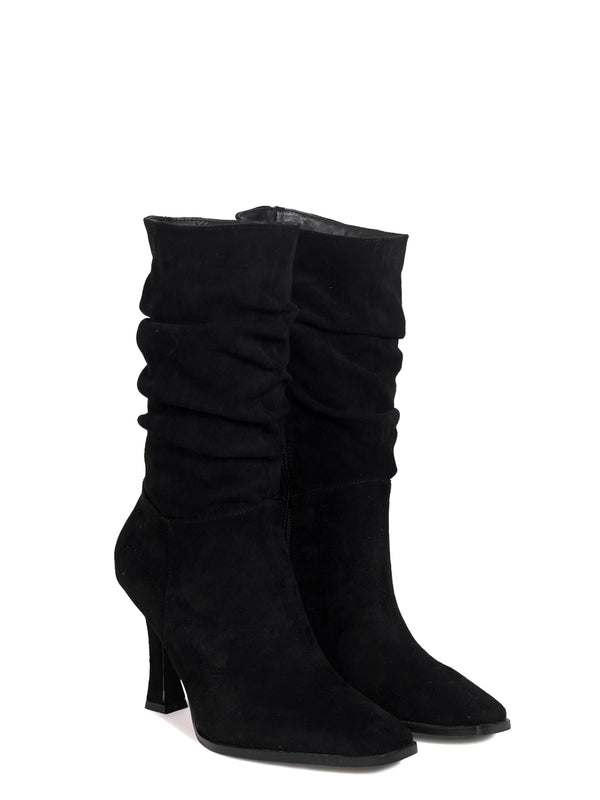 Linzi Black Faux Suede Mid Length Ruched Heeled Boot With Square Toe