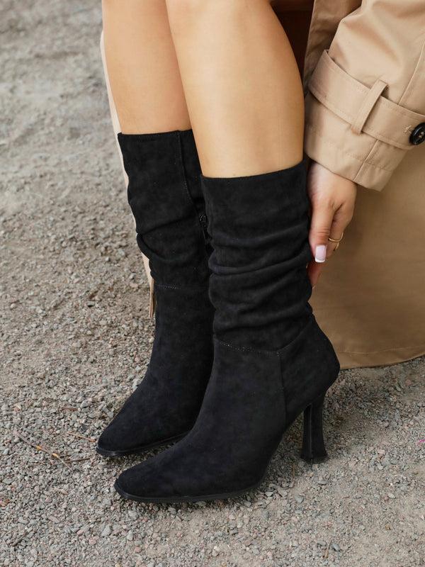 linzi Black Faux Suede Mid Length Ruched Heeled Boot With Square Toe