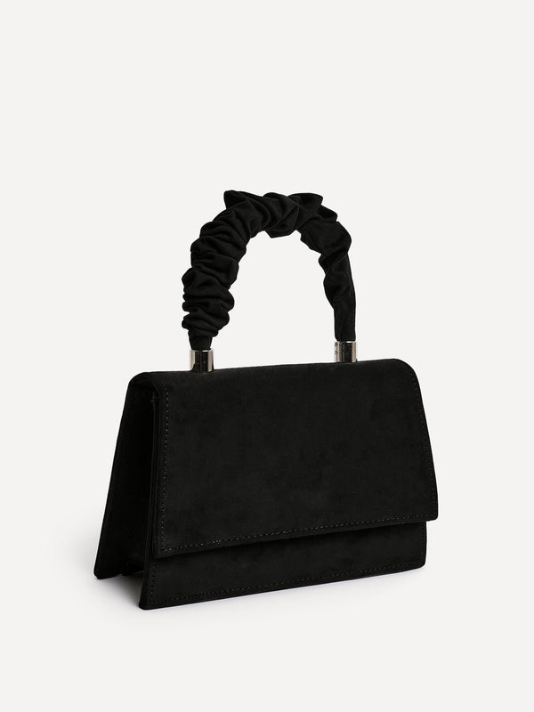 Linzi Black Faux Suede Mini Satchel Bag With Ruched Handle