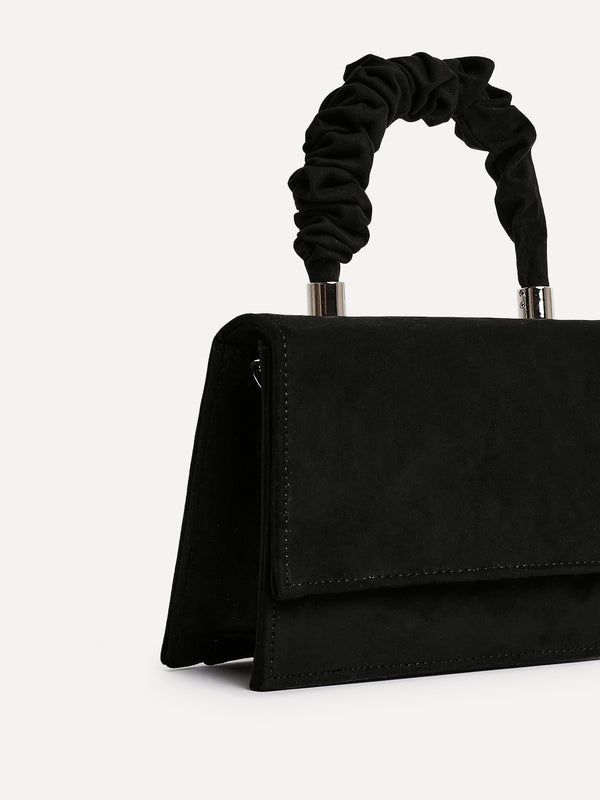Linzi Black Faux Suede Mini Satchel Bag With Ruched Handle