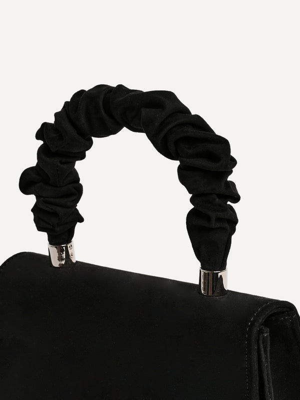 Linzi Black Faux Suede Mini Satchel Bag With Ruched Handle