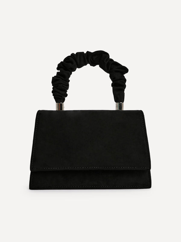 linzi Black Faux Suede Mini Satchel Bag With Ruched Handle
